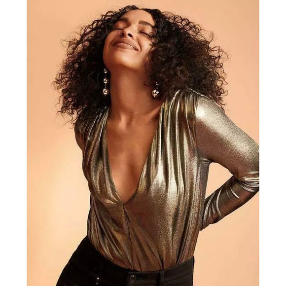 Express size M Gold Long sleeve Bodysuit - Picture 1 of 4